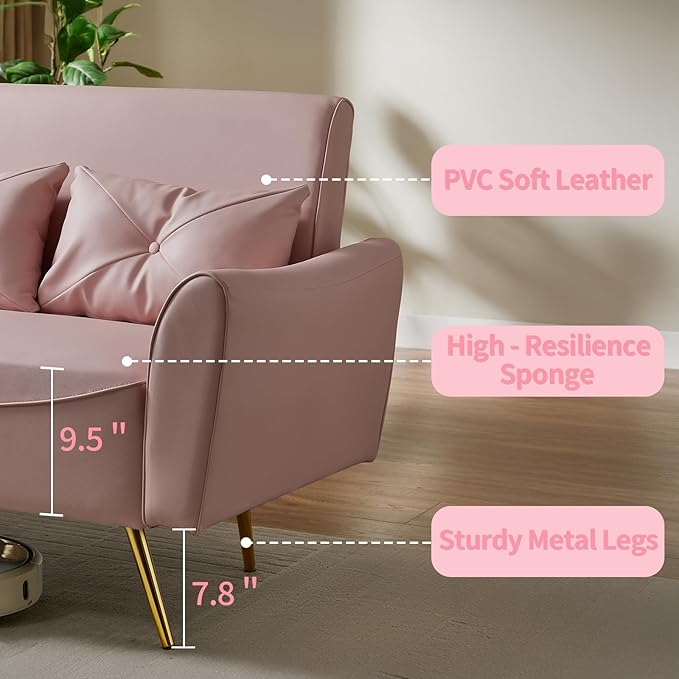 Brelice 48 Faux Leather Loveseat Sofa Modern Small Couch for Small Space with 2 Pillows 2 Seater Couch for Living Room Bedroom Office Apartment (Pink)