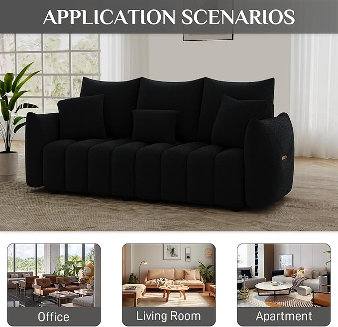 OUYESSIR Teddy Cloud Sofa Couch 81 Comfy Upholstered Sherpa Deep Seat Boucle Sofa Modern Cozy 3 Seater Couch with 3 Pillows Oversized Loveseat for Living Room Office Apartment Black