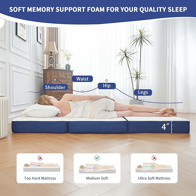 CYMULA Folding Mattress Single Size4 inch Memory Foam Tri-Fold Single Floor Mattress Topper with Breathable &amp Washable CoverLightweight Foldable Mat for CampingNaps and Guests(25×75×4)