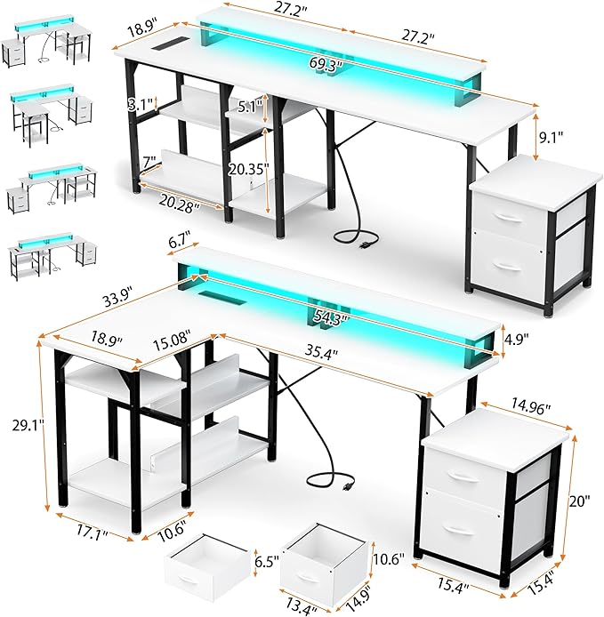 YOUNGAR Office Desk L Shape with File Drawers&ampPower Outlet 69.3 Inch Reversible L Shaped Computer DesksCorner L Shape or Long Desk Set up Monitor Stand &ampStorage ShelvesLED Lights&ampCPU S