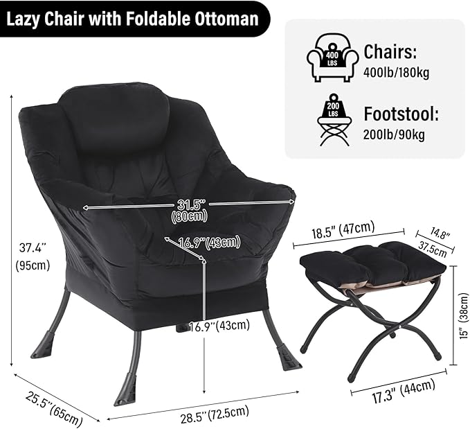 Lazy Chair with Ottoman Modern Accent Chair with Armrests and a Side Pocket Velvet Black Accent Chairs Reading Chairs Oversized Armchairs for Bedroom Study Living Room Courtyard