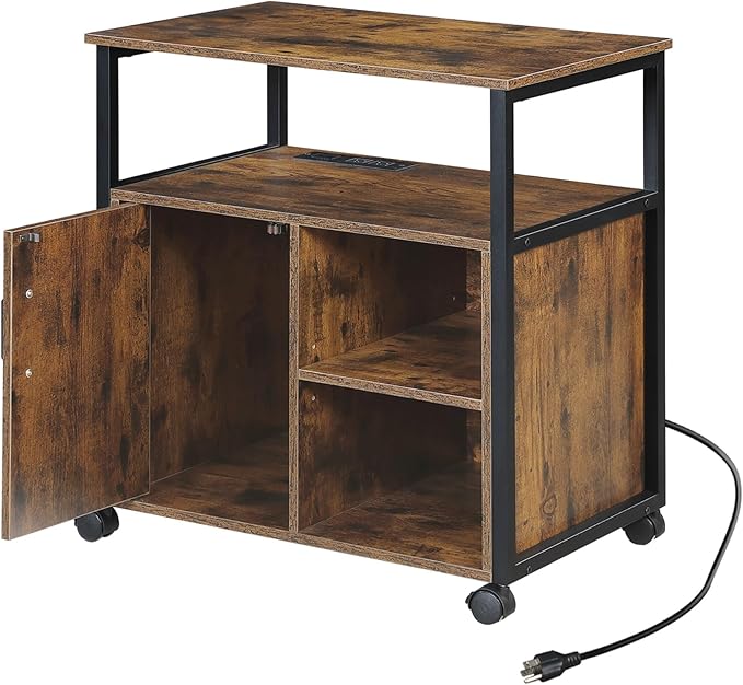 File Cabinet Office Filing Cabinets with Socket and USB Charging Port Printer Stand with Storage for A4 Letter Size Metal Side Frame for Home Office