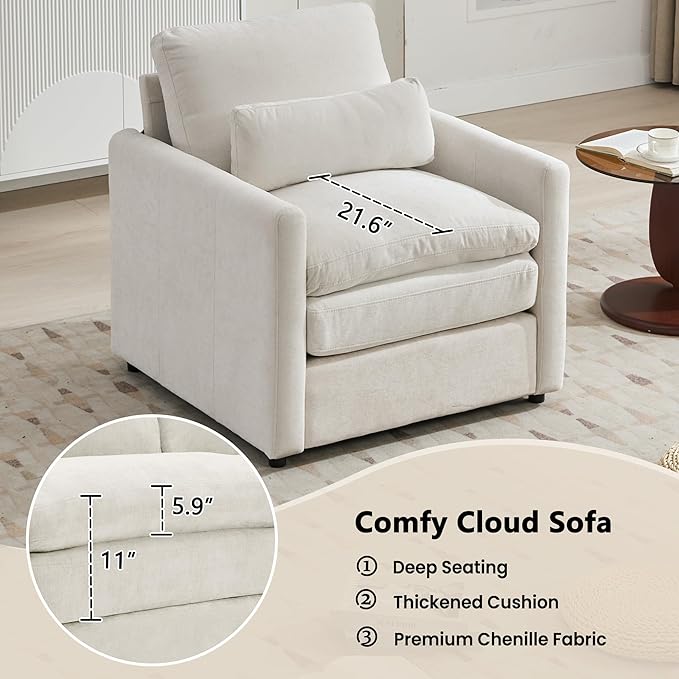 3-Piece Cozy Upholstered Sofa Set Upholstered Sofa Set with 2 Single Sofa Oversized Comfy Cloud Sofa for Living Room Office Apartment (Beige-6c)