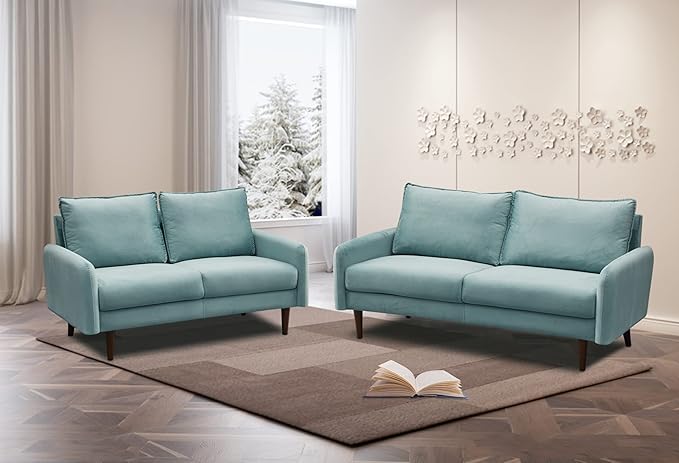INSTORY Velvet Loveseat Mid-Century Modern Sofa Tufted Couch with Wooden Legs for Living Room - Cyan