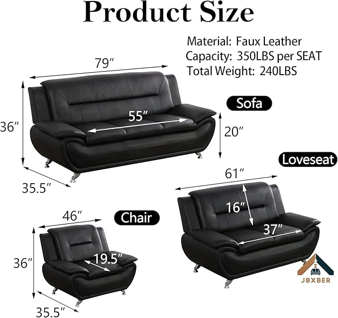 Living Room Furniture Set for Living Room Faux Leather Couch Sets Modern Couch for Apartment Home Office(Sofa and LoveseatBlack 2)