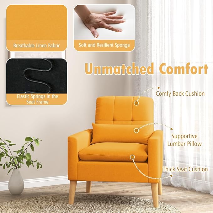 Giantex Modern Accent Chair Mid-Century Linen Fabric Armchair w/Lumbar Pillow Back &amp Seat Cushion Comfy Single Sofa Chair with Rubber Wood Legs for Living Room Bedroom Reading Room Yellow