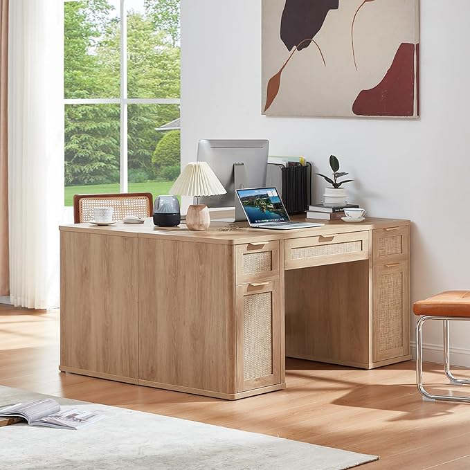 LEYAOYAO Office Desk 56 with 5 Drawers Storage File Cabinet Rattan Wood Desk for Computer Office Bedroom Home Furniture Natural