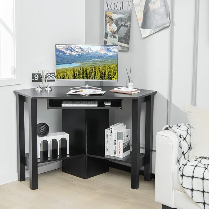 Tangkula Corner Desk with Keyboard Tray Triangle Corner Computer Desk for Small Space Bedroom Corner Makeup Vanity Desk with Storage Shelves Space Saving Corner Writing Desk