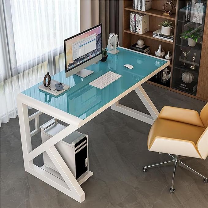 Tempered Glass Computer Desk Home Office Desk Gaming Desk Writing Study Table Workstation for Home Office(Blue+White Frame100CM)