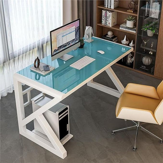 Tempered Glass Computer Desk Home Office Desk Gaming Desk Writing Study Table Workstation for Home Office(Blue+White Frame100CM)