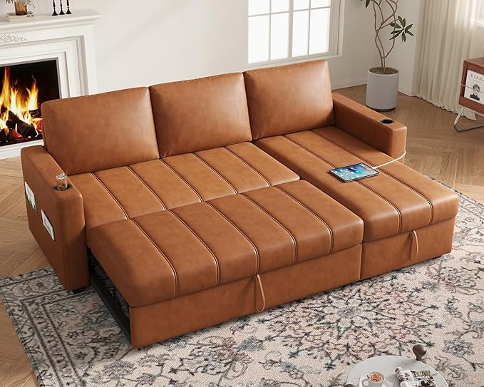Fadware 89” L Shape Sofa Sleeper Sectional Sofa Bed with Hidden Storage&amp Side Pocket Anti-scratch Faux Leather Couch Bed with ChargePort&amp CupHolder Modern Piano Design Pull Out Couch for Li