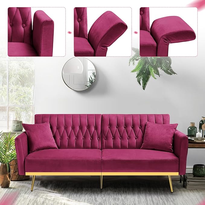 70” Velvet Futon Sofa Bed with 2 Pillows and Adjustable Armrests Convertible Sleeper Bed W/Adjustable Backrests Modern Loveseat for Living Room Bedroom Fuchsia