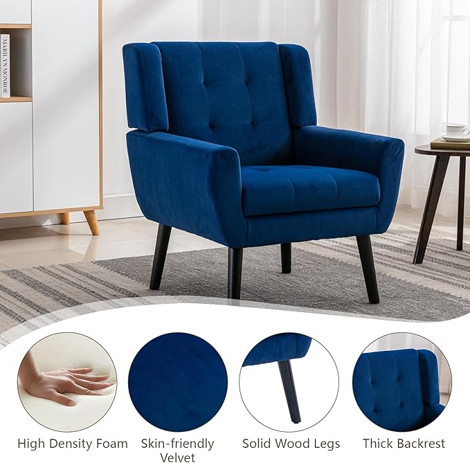 Modern Accent Chair Velvet Upholstered Armchair with Thick Padding Fluffy Comfy Reading Chair Cozy Living Room Chair with Black Wood Legs Single Sofa Chair for Home Office Bedroom Blue