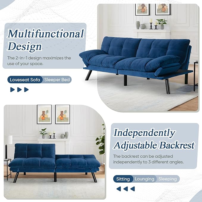 Convertible Velvet Futon Sofa Bed Comfy 72 L Sleeper Couch with Thicker Cushion Upholstered Modern Reclining Loveseat Folding Sofa for Small Living Room Dorm Apartment Office Navy