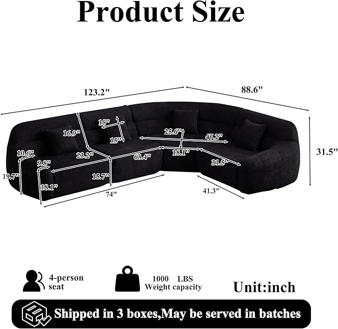 123 Oversized Boneless Chenille Curved Corner Sectional Sofa Modern Luxury 4 Pillows Modular Cloud 4-Seater Sofa High-Back Couch for Living Room (Black)