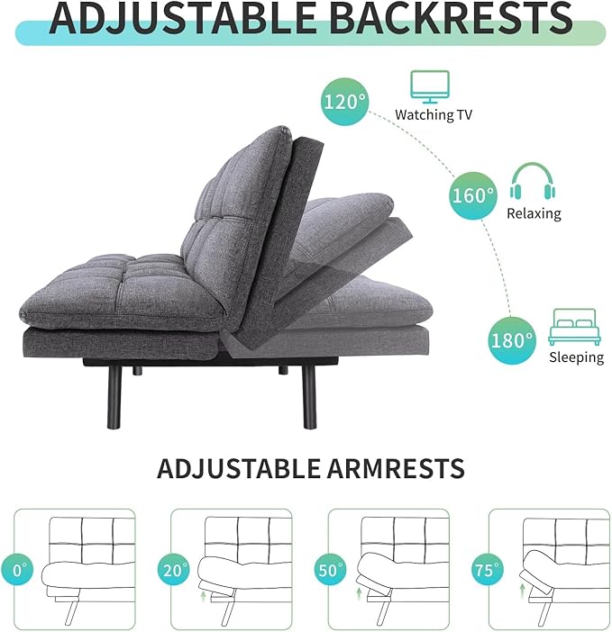 MUUEGM Memory Foam Futon Sofa Bed Adjustable Backrests Armrests Convertible Modern Design Couch for Living Room Apartment Office Small Room 71 Daybed Dark Gray