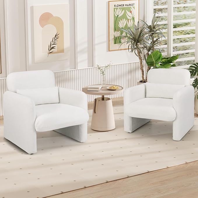 KOMFOTT Chenille Accent Chair Set of 2 Modern Upholstered Armchair with Removable Lumbar Pillow Widened Backrest &amp Thick Seat Cushion Comfy Single Sofa Chair for Living Room Bedroom White