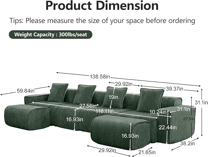 KEIKI 4Seat Modular Boneless Velvet Sofa Couch for Garden Home Apartment Living Style Conscious Nature Lovers Soft Plush Comfortable Cozy Relaxing Lounge Modern Contemporary Design Green