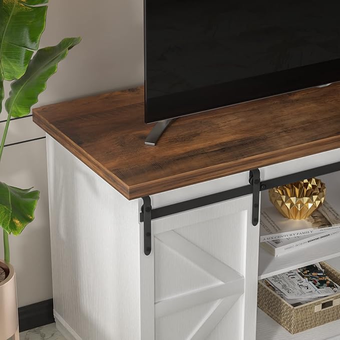 JUMMICO TV Stand for 65 Inch TV Entertainment Center with Storage Cabinets and Sliding Barn Doors Mid Century Modern Media TV Console Table for Living Room Bedroom (Bright White)