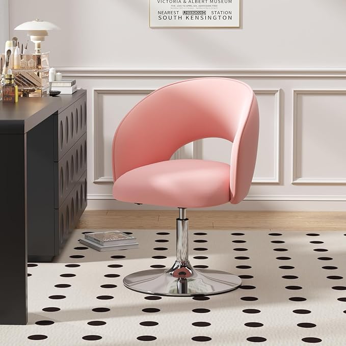 Furniliving Vanity Chair Contemporary Height Adjustable Round Velvet Back Tilt Swivel Accent Chairs 360° Swivel Makeup Chair with Chrome Frame Charming Stool Lounge Pub Bar (Pink)