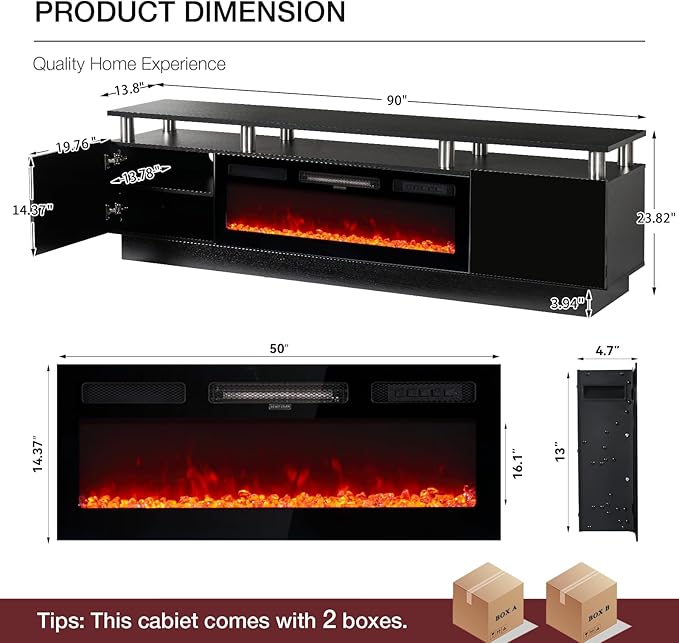 90 TV Stand for Living Room Large Entertainment Center &amp Media Console Fits TVs up to 100 Storage Cabinet with Shelves 50 Electric Fireplace