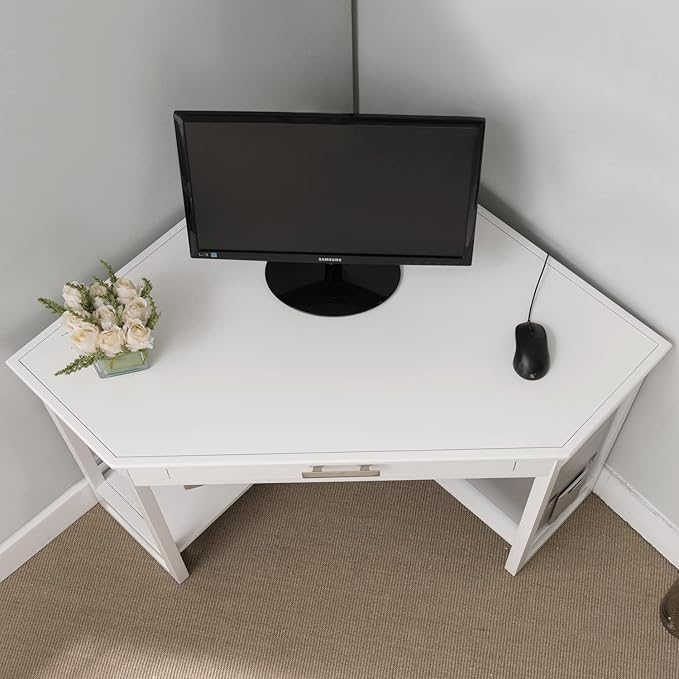 Leick Home Sage Corner Office Desk Solid Wood with Drop Front Keyboard Drawer White 85430