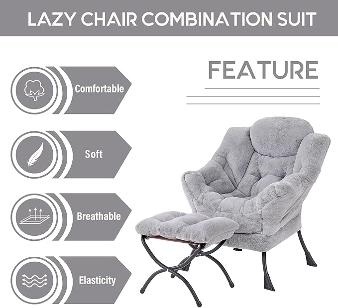 LITA Lazy Chair with Ottoman Modern Accent Leisure Upholstered Sofa Chair Contemporary Lounge Reading Chairs with Armrests and a Side Pocket for Living Room Bedroom &amp Small Space Plush Grey