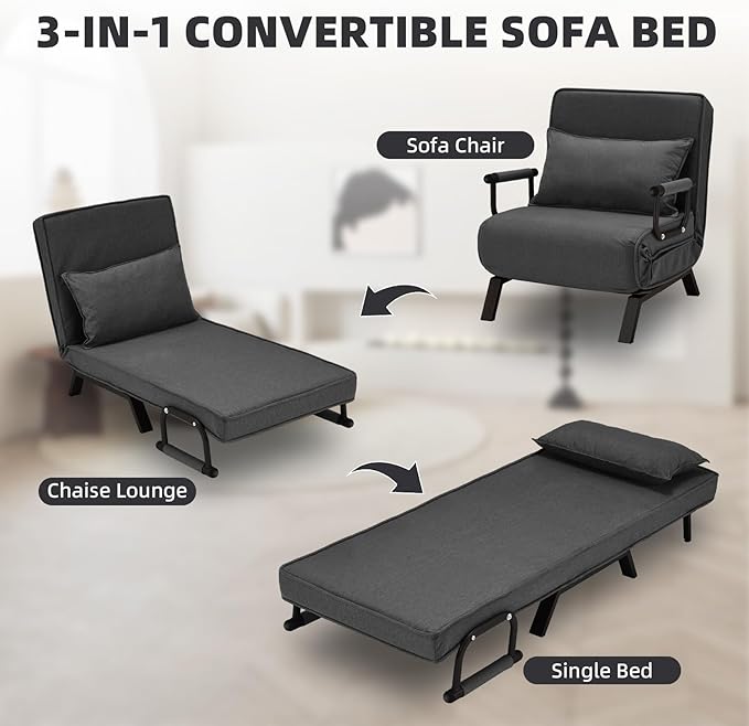 Folding Sofa Bed Sleeper Chair3-in-1 Single Convertible Sofa with Adjustable BackrestLazy Bed Leisure Recliner with PillowTri-fold Upholstered Armchair (Dark Gray Large)