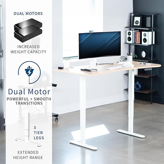 VIVO Electric 63 x 32 in Dual Motor Standing Desk Memory Height Adjustment 2B Series Light Wood Top White Frame DESK-KIT-2W1C