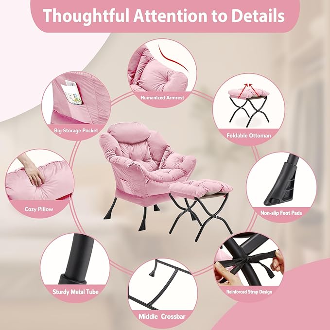 Lazy Chair with Folding Ottoman Accent Chair Velvet Upholstered with Metal Structure and Non-Slip Pads Sofa Armchair with Footrest and Side Storage Bag for Dorm Room Office Pink