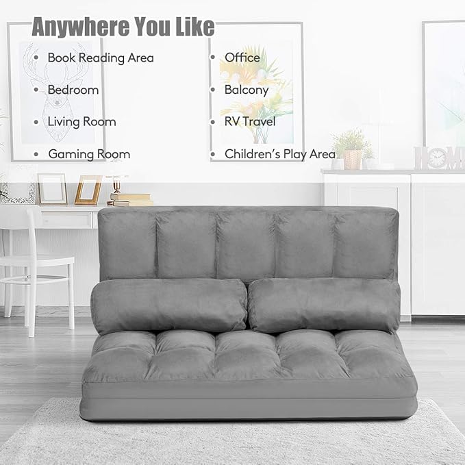S AFSTAR Floor Folding Couch and Futon Sofa 6-Position Fabric Sleeper Bed with 2 Pillows and Sponge Filling Adjustable Lazy Sofa for Living Room and Bedroom(Gray)