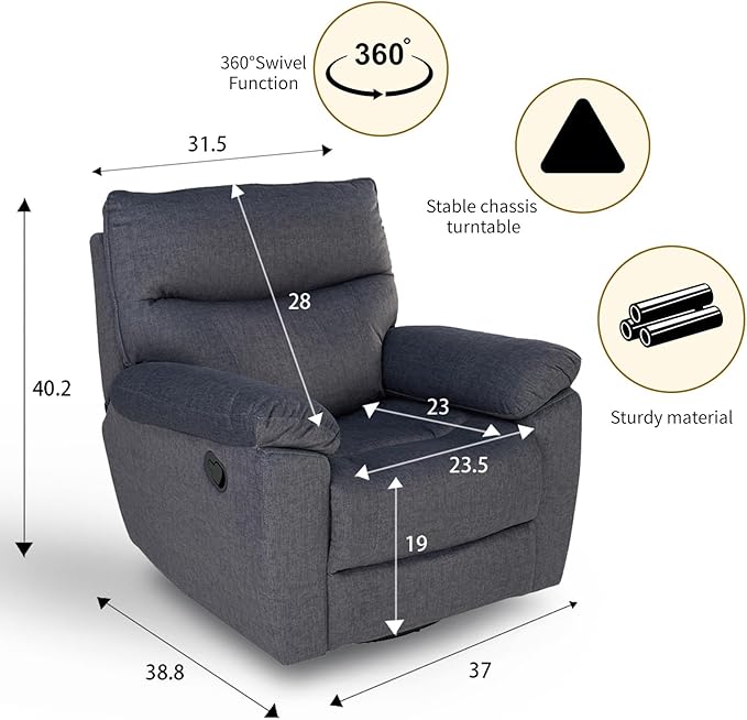 Reclining Sofa Rocking Recliner Chair Manual Adjustable 360 Swivel with Ergonomics Overstuffed Lumbar Arm Support Natural Fabric Surface Made for Living Room Bedroom Nursery Dark Grey