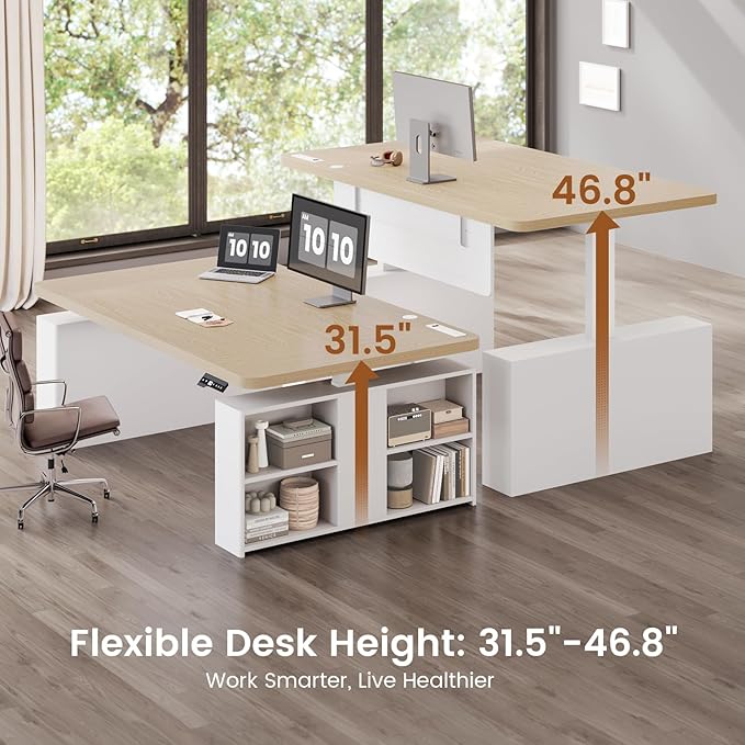 SEDETA 63 Executive Standing Desk with Storage Executive Height Adjustable Desk with Power Outlets Large Computer Office Desk with Privacy Panel for Home Office Natural Oak