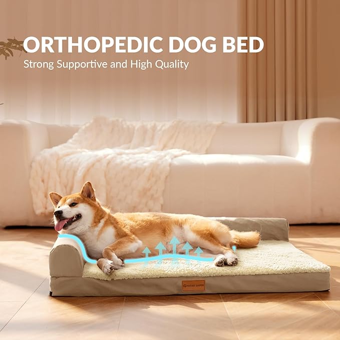 Patas Lague Orthopedic XL Dog Bed Large Sized Dog 48''X30'' Waterproof L Bolster Big Large Pet Sofa Beds with Removable Washable Cover Soft Comfortable Pet Couch Crate Mat with Nonskid Bottom Cream