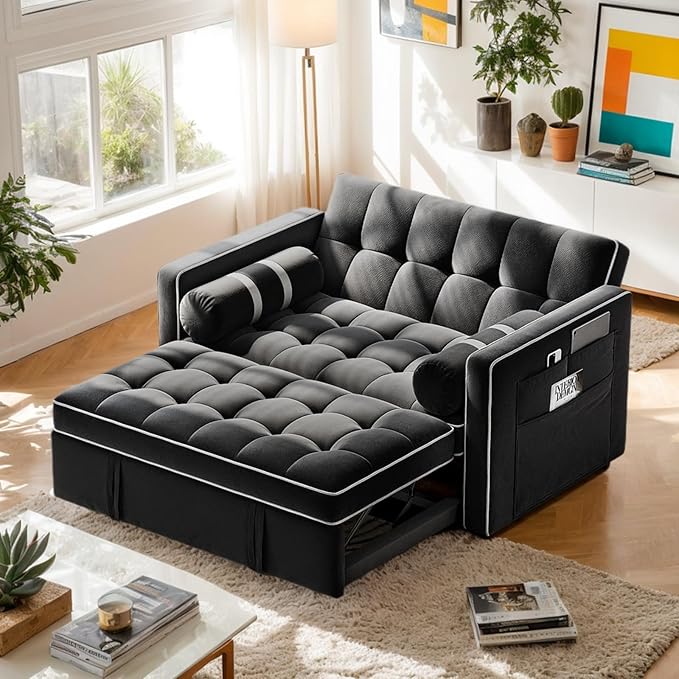 Pipishell 3 in 1 Convertible Sleeper Sofa BedPull Out Couch for Living Room with USB Ports &amp Side PocketsAdjustable BackrestVelvetLoveseat Sofa BedFuton CouchesBlack