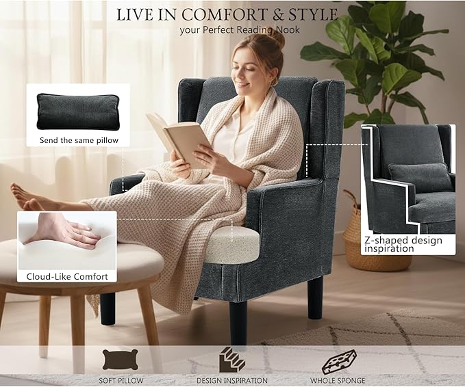 Modern Accent Chair for Living Room Chairs Oversized Reading Chair Accent Chairs for Living Room Sofa Chair with High Back and Wood Legs Upholstered Armchair Comfy Chair for Bedroom(Dark Green)