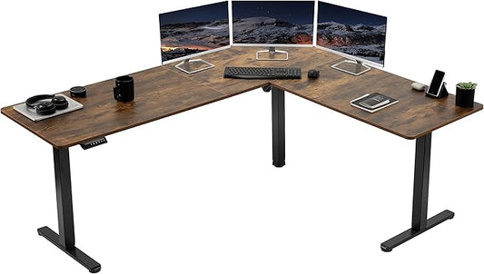 VIVO Corner Standing Desk 75 x 63 inch Reversible L-Shaped Workstation Electric Height Adjustment Home Office and Reception Rooms Rustic Vintage Brown Table Top Black Frame DESK-E3CTN-75