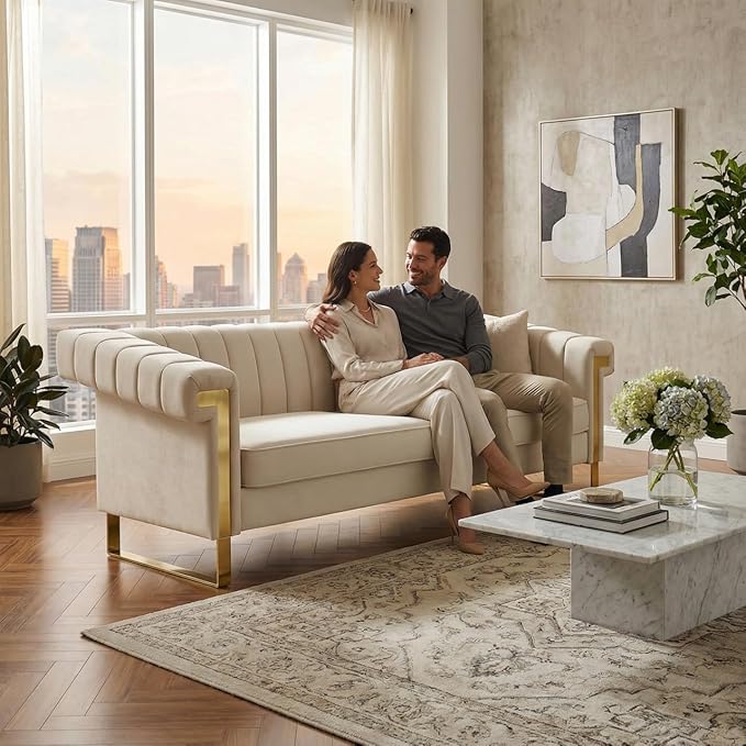 Luxury Velvet 3-Seater Sofa Mid-Century Modern Couch with Gold Metal Legs Waterfall Stitched Back Removable Cushions for Living Room Durable &amp Comfortable (Beige)