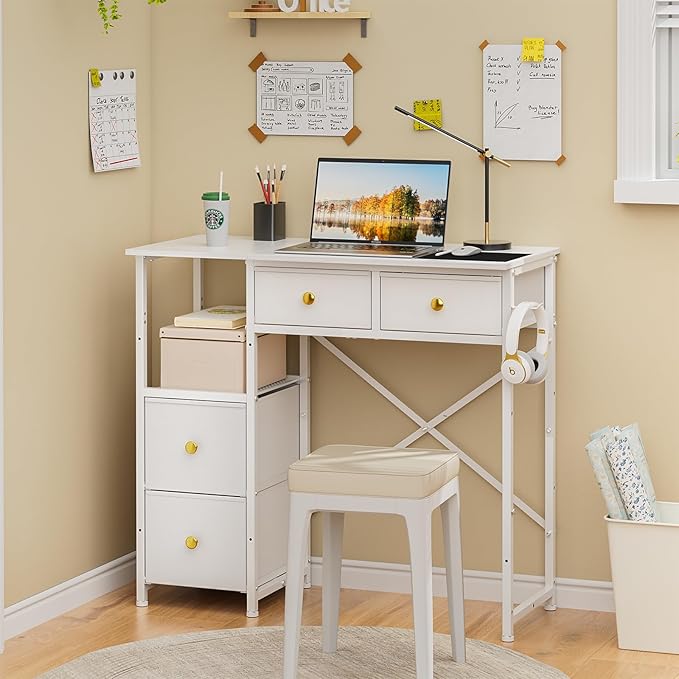 Small Computer Desk with 4 Fabric Drawers Simple Writing Desk for Home Office Compact Study Desks for Small Spaces Kids Desk Study for Bedroom White