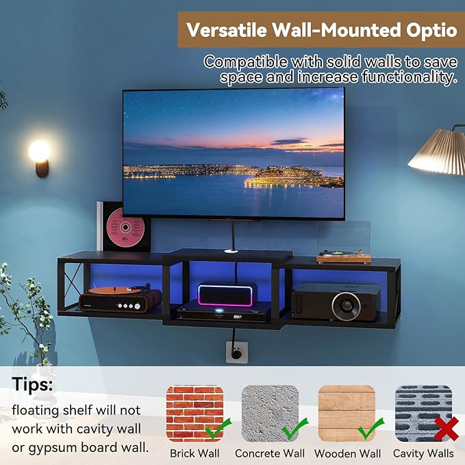 IBUYKE Floating TV Stand with Power OutletWall-Mounted Floating Stand for TVs up to 55Metal Wall Entertainment CenterWall Mounted TV Shelf with Storage for Living Room BedroomBlack UWST011B