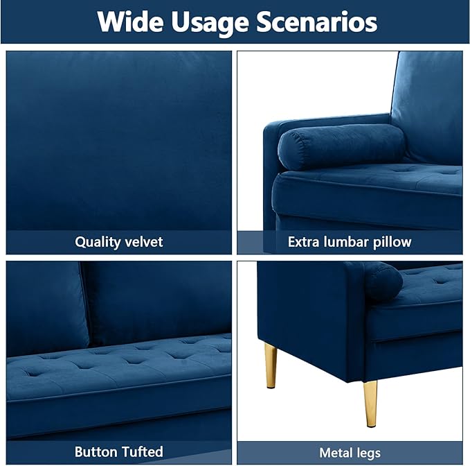 65 Love Seat Sofa Velvet Small Sofa Small Couch for Bedroom Living Room Bedroom Loveseat with 2 Pillows Gold Legs Modern Tufted Seat Upholstered Seating for Office Apartment (Blue)