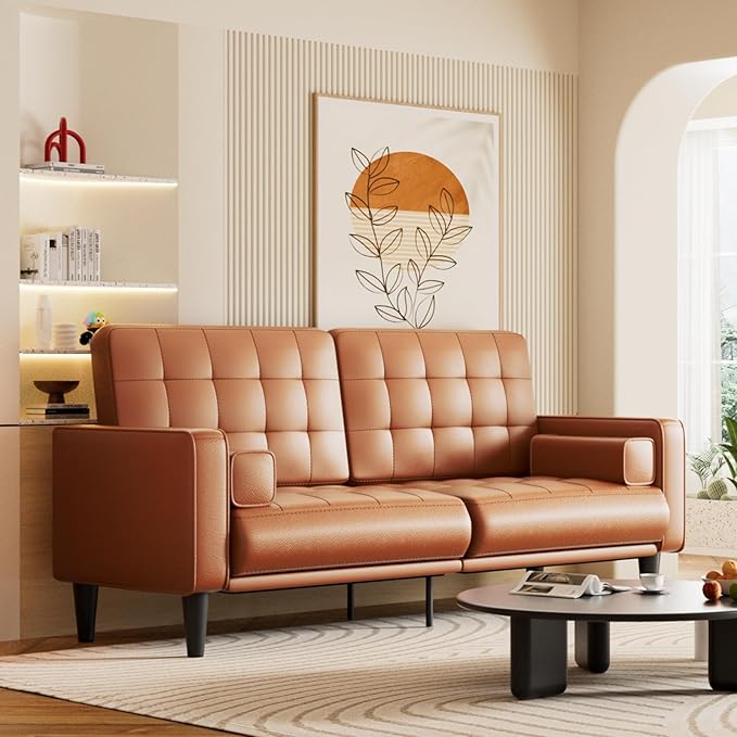 70” Mid-Century Modern Couch Breathable Faux Leather Couch with Upholstered Cushions/Pillows Loveseat Sofas &amp Couches for Living Room (Yellow)