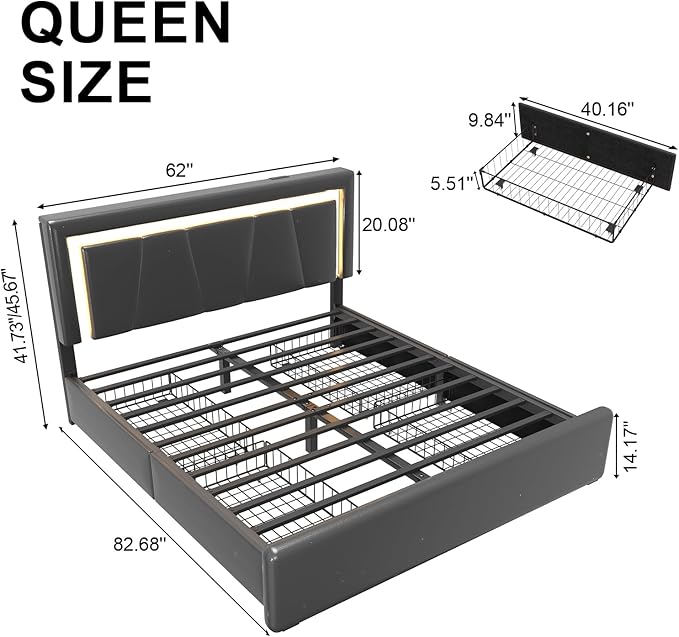 Queen Size Bed Frame with 4 Storage Drawers and LED Lights Upholstered Platform Bed with Adjustable Headboard and Charging Station Metal Slats Support No Box Spring NeededEasy Assembly Black