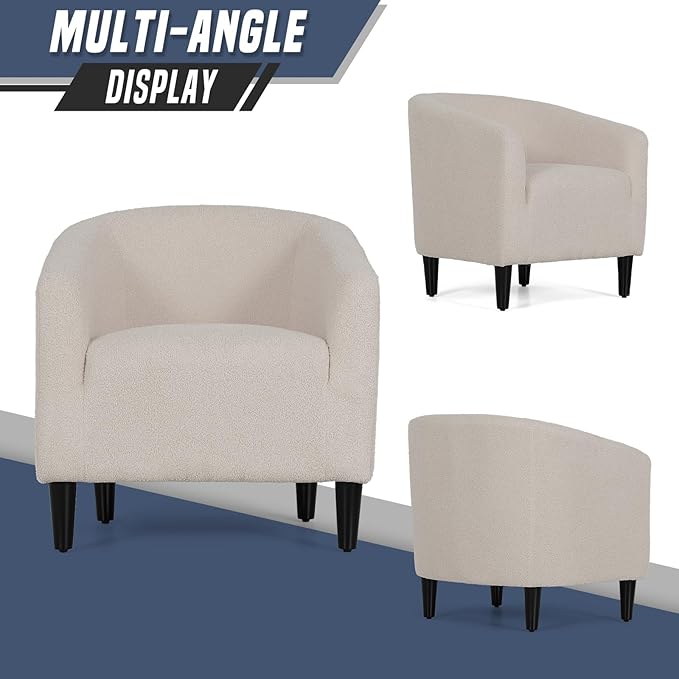 Modern Barrel Chair Furry Sherpa Accent Chair with Wood Legs Elegant Upholstered Armchair Single Sofa Chair for Bedroom Living Room Office Gray