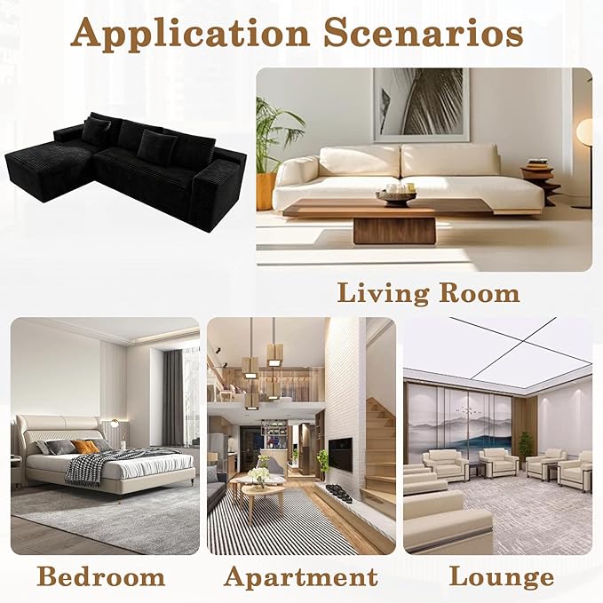 104 Boneless Couch with Chaise Sectional Couches for Living Room L Shaped Couch 4 Seat SofaCompression Sofa for Bedroom Comfy No Assembly Corduroy (Black Left)