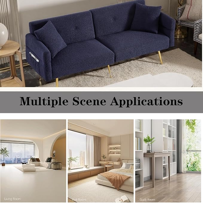Modern Teddy Velvet Convertible Folding Futon Couch Sofa Bed Adjustable Pillow Top Arm Memory Foam Couch Double Love Seat Sofa for Compact Space Dorm Apartment Bedroom Loveseat (Dark Blue)