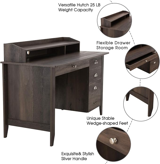 Home Office Desk Writing Computer Desk with Hutch and Sliding Track Drawers Vintage Wood Style Laptop Table for Study Bedroom Workstation