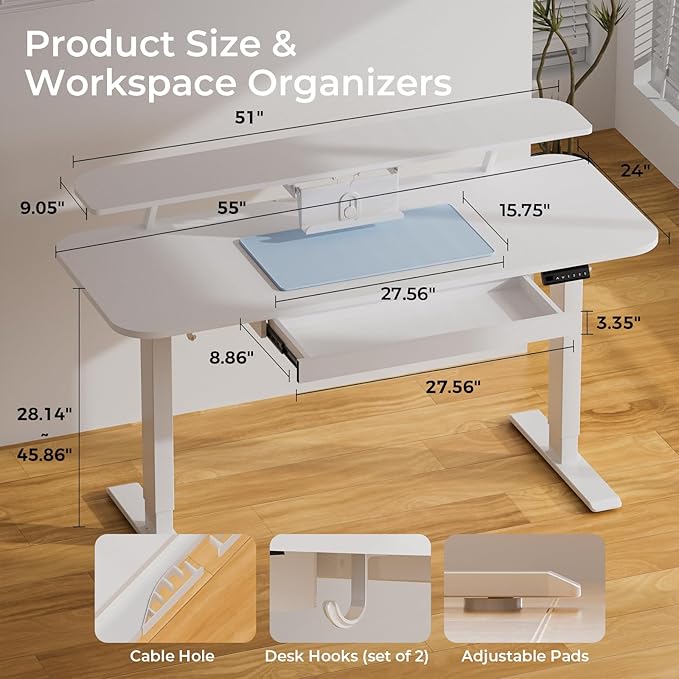 COMHOMA Electric Standing Desk with Drawers 55 x 24 Inch Sit Stand up Desk with Monitor Stand Laptop Stand Height Adjustable Ergonomic Home Office Computer Desks with Memory Preset Controller