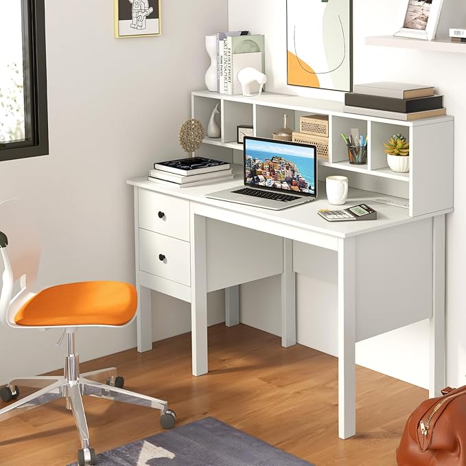 Desk with Hutch &amp Charging Station Home Office Desks with 5-Cubby Hutch 2 DrawersUSB Charging Ports &amp Power Outlets Student Desk Study Table (White)