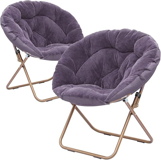 Cozy Saucer Chair Living Room Chair Faux Fur Soft Thick Padded Seat Metal Frame Folding Chair Comfortable Moon Chair for Living Room Bedroom Reading Nook Modern Style 2 Pack Purple